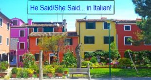 Colorful houses in Burano, Italy with a park bench where people can discuss what "he said" and "she said" in Italian!