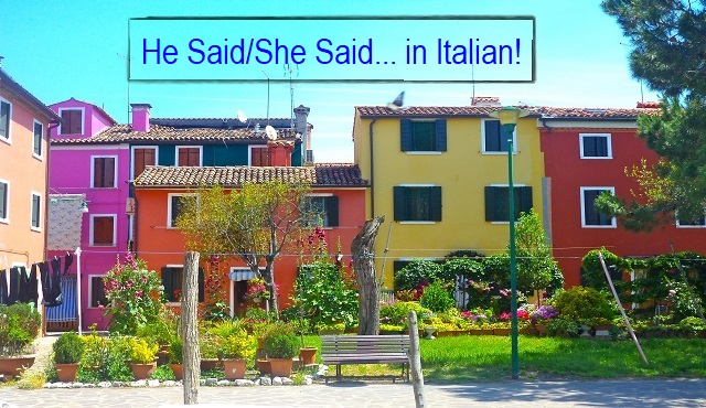Case colorate a Burano, Italia con una panchina da giardino dove le persone possono discutere di cosa "Egli ha detto" E il "Lei disse" In italiano!