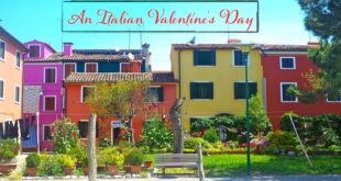 An Italian Valentine's Day written in script above the homes and park bench in Italy